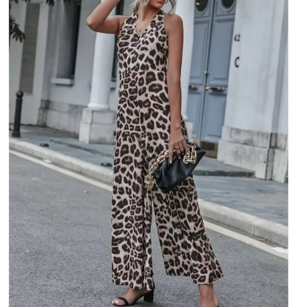 Leopard Aniaml Print Tie Backless Wide Leg Halter Jumpsuit Contemporary - Picture 3 of 6
